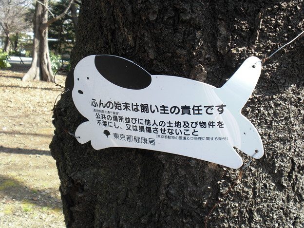 Schild an einem Baum für Hundebesitzer auf Japanisch