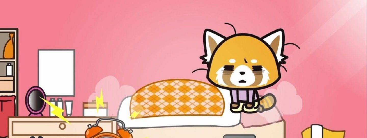 Screenshot von Aggretsuko in ihrem bett sitzend