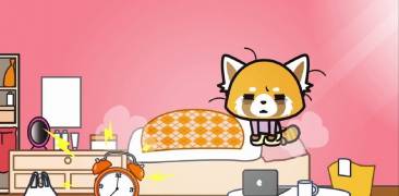 Screenshot von Aggretsuko in ihrem bett sitzend