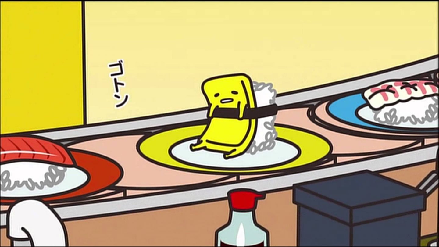 Screenshot von Gudetama als Omelett auf einem Sushi-Lieferband