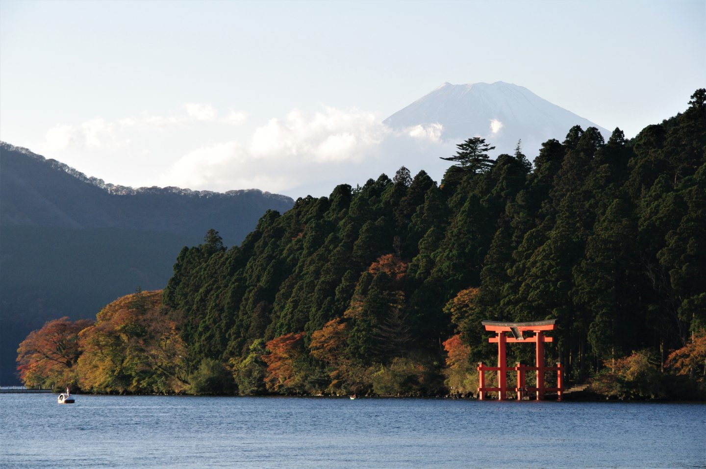 Blick auf den Fuji in der Ferne über See und Wälder