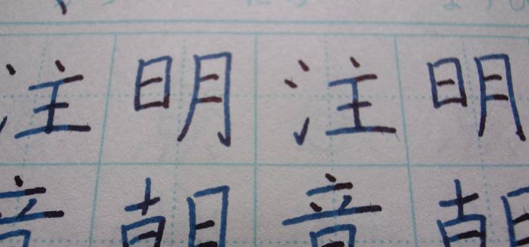 Nahaufnahme eines mit Kanji beschriebenen Blatts
