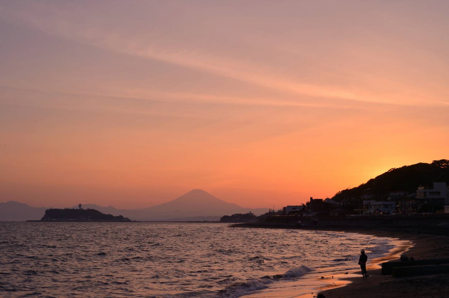 Fuji in Yuigahama mit Blick auf Enoshima