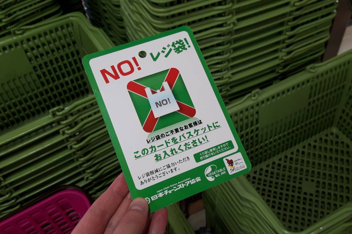 Schild zum Verzicht auf Plastikbeutel im Supermarkt