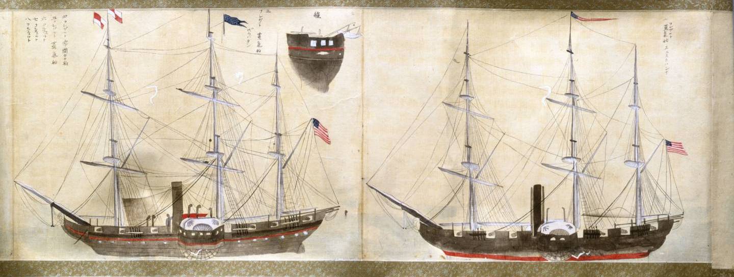 Abbildung der Ankunft der Schwarzen Schiffe 1853 in Japan
