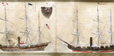 Abbildung der Ankunft der Schwarzen Schiffe 1853 in Japan