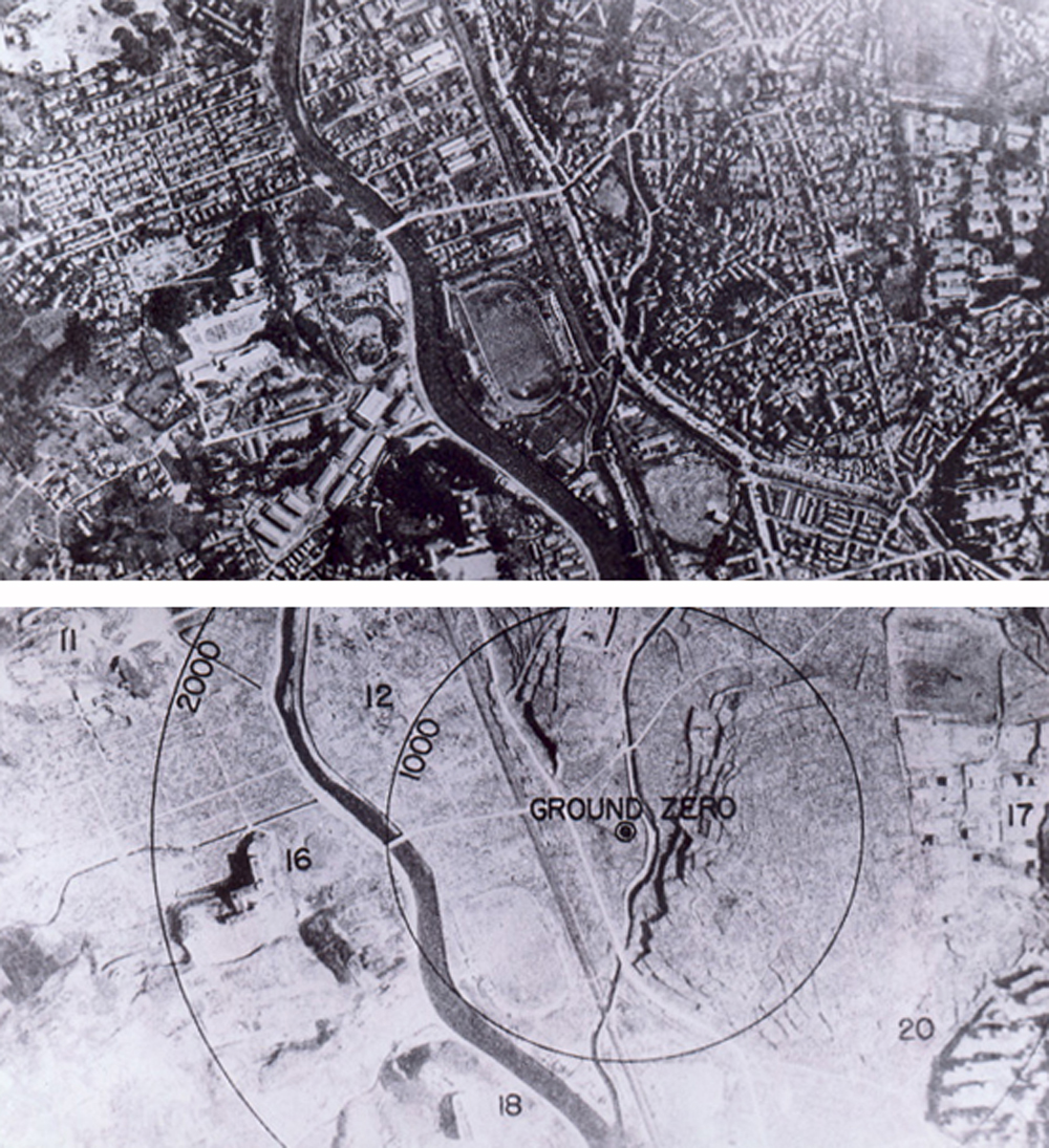 Atombomb auf Nagasaki 1945 - vorher und nachher