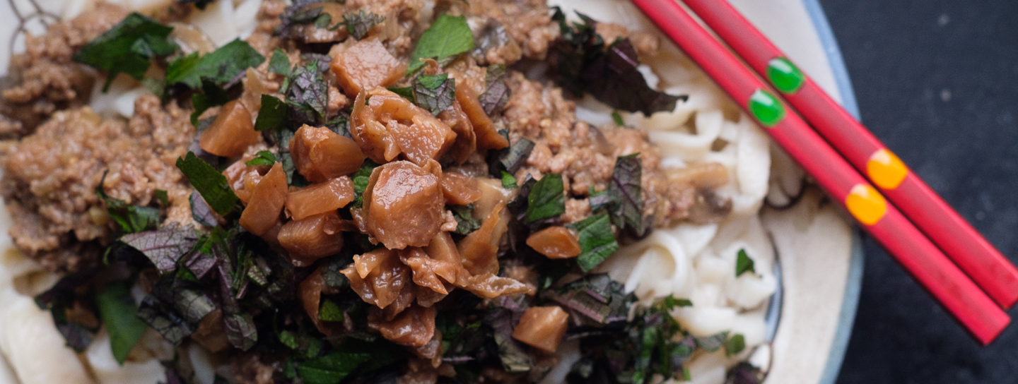 Umeboshi Udon mit japanischer Hackfleischsauce