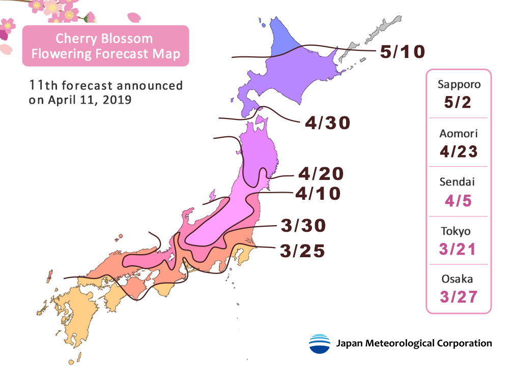 Grafik: Landkarte zu den Blütezeiten der Kirschblüte in verschiedenen Regionen Japans