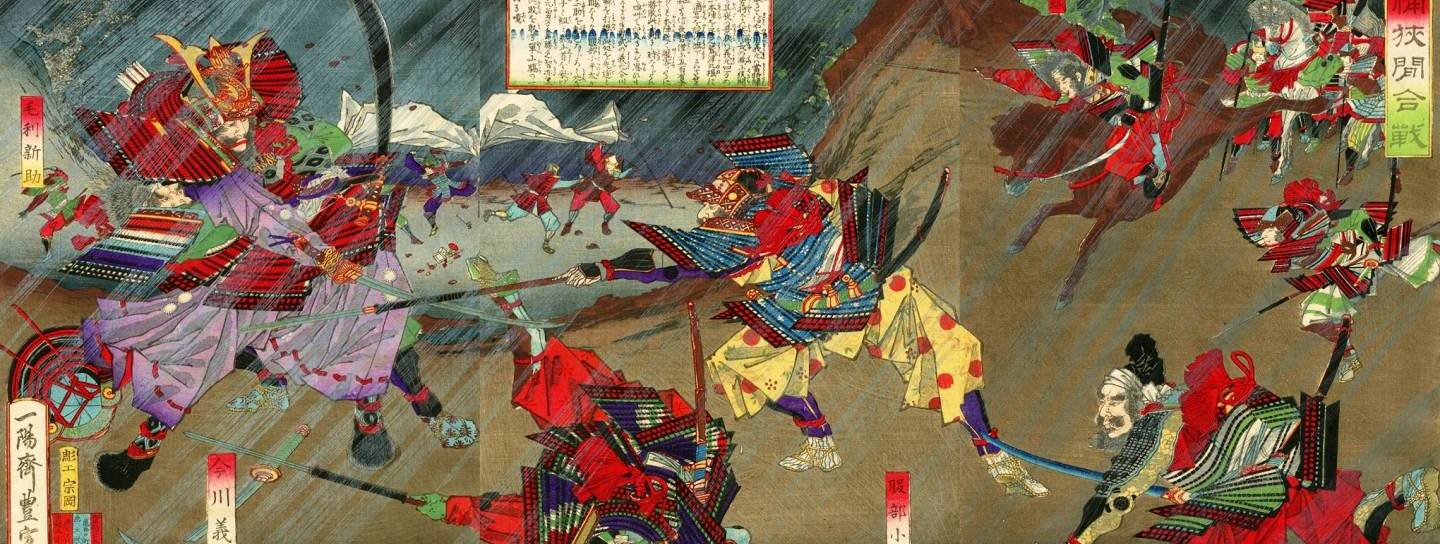 Oda Nobunaga besiegte in der Schlacht von Okehazama seinen Rivalen, Daimyō Imagawa Yoshimoto, inmitten eines Sturms.