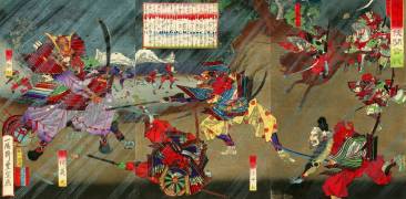 Oda Nobunaga besiegte in der Schlacht von Okehazama seinen Rivalen, Daimyō Imagawa Yoshimoto, inmitten eines Sturms.
