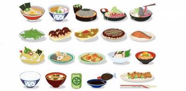 Illustration verschiedener japansicher Gerichte und Getränke