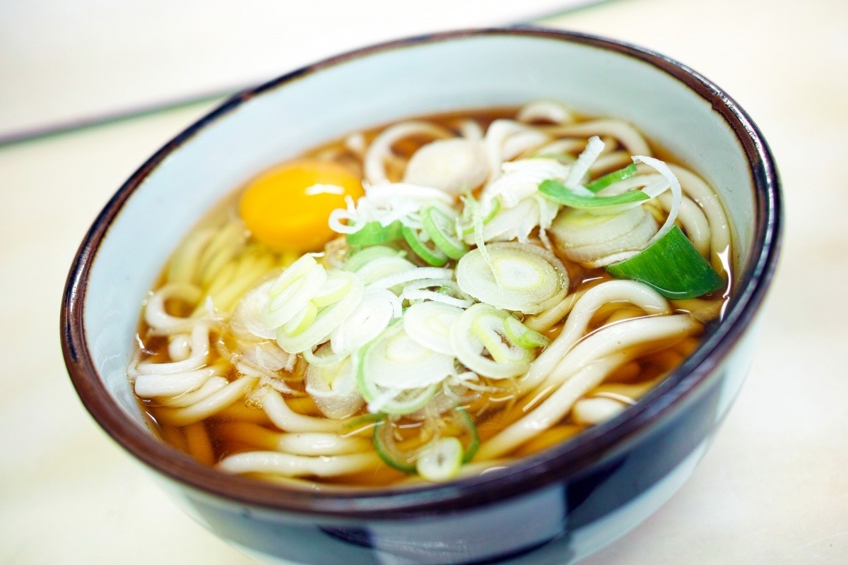 eine Schüssel Udon mit Frühlingszwiebeln