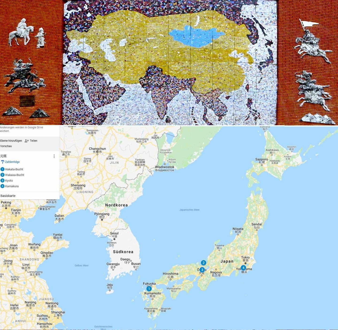 Fotocollage: Karte des Mongolisches Territoriums zu seinem Höhepunkt und Kartenansicht von Japan auf Google maps