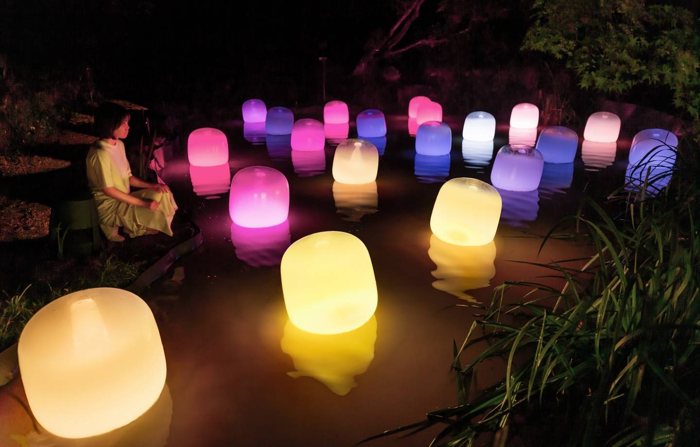 Floating Resonating Lamps - One Stroke, Summer Forest at Night