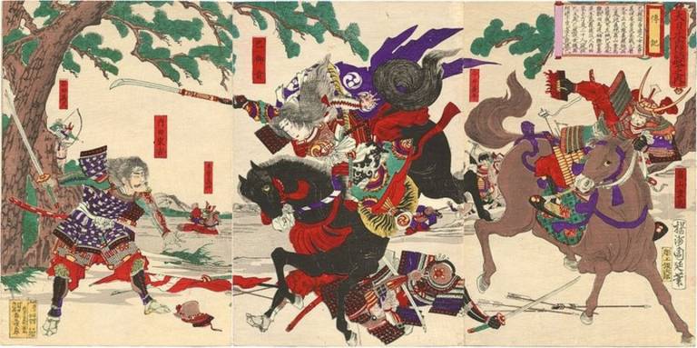 Holzschnitt japanischer Samurai im Kampf