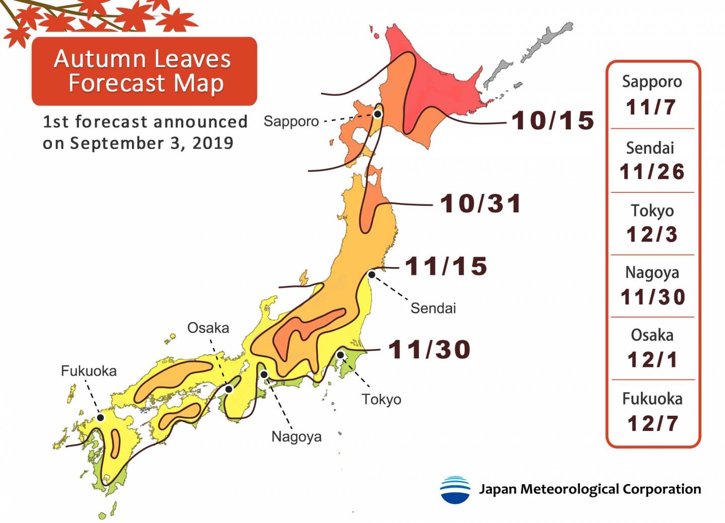 1. Vorhersage für Ahornlaubfärbung in Japan 2019
