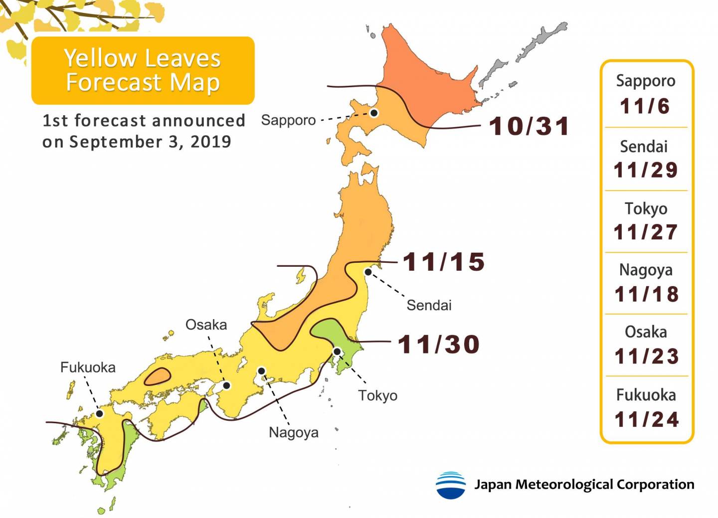 1. Vorhersage für Ginko Laubfärbung in Japan 2019