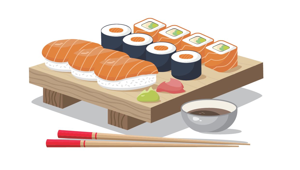 Grafik: eine Sushi Platte mit verschiedenen Sorten