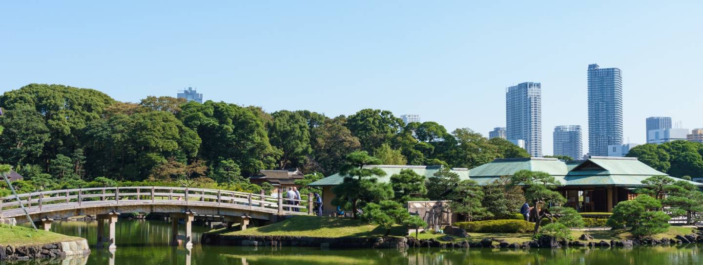 japanischer garten vor wolkenkratzern