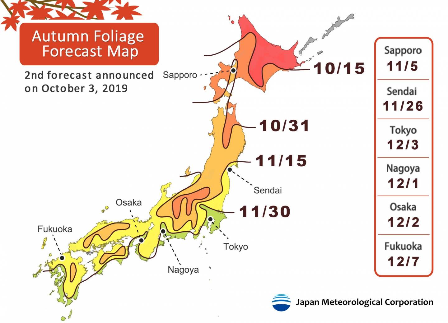 2. Vorhersage für Ahornlaubfärbung in Japan 2019