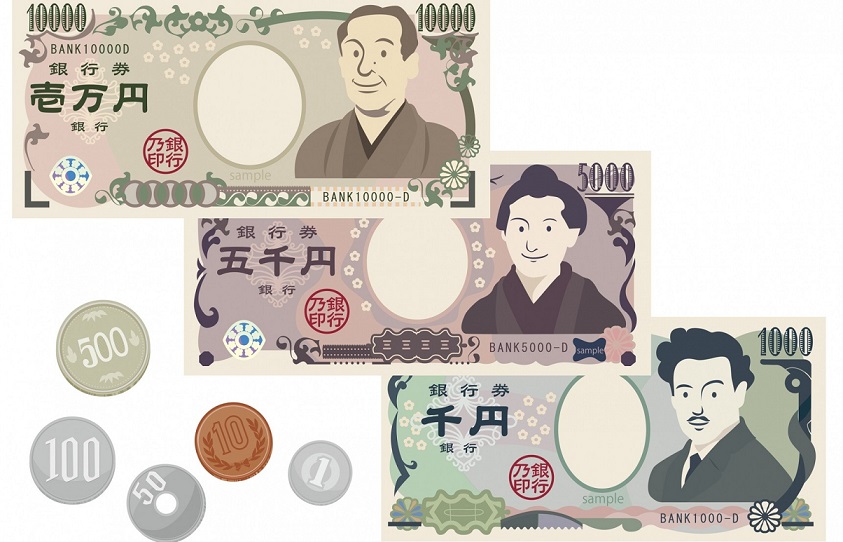Bilder von japanischen Scheinen und Münzen