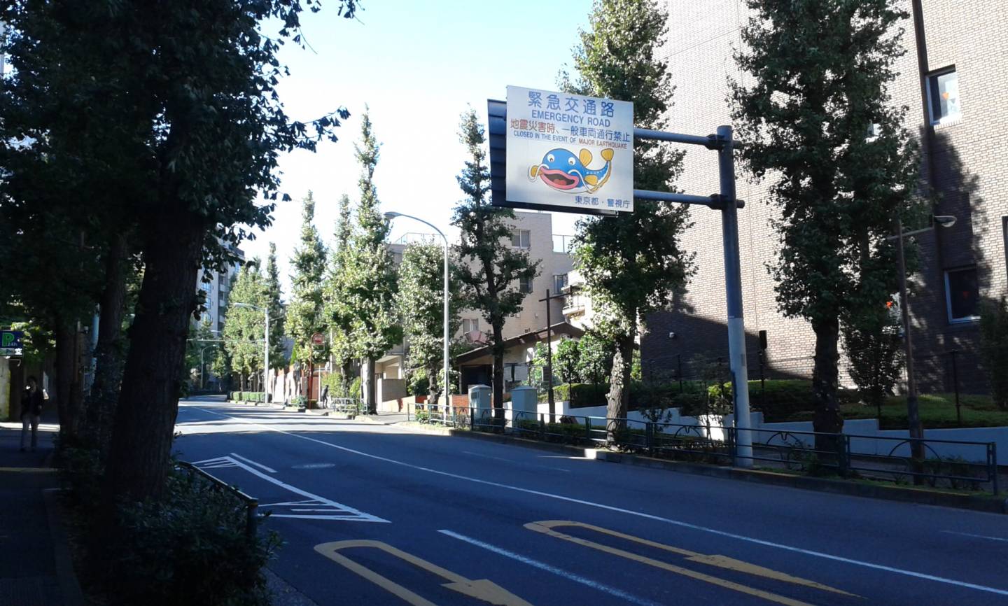 Japanisches Straßenschild mit einem Wels (zeigt Sonderspur für Rettungsfahrzeuge bei Erdbeben an)