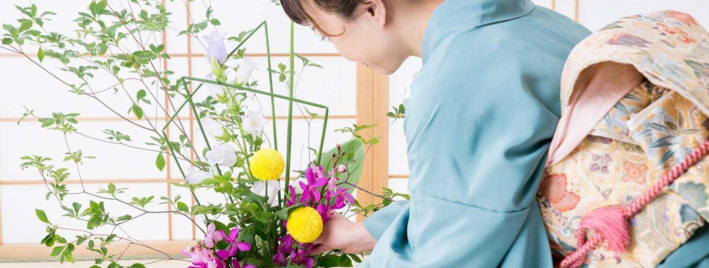 Frau im Kimono arrangiert Ikebana