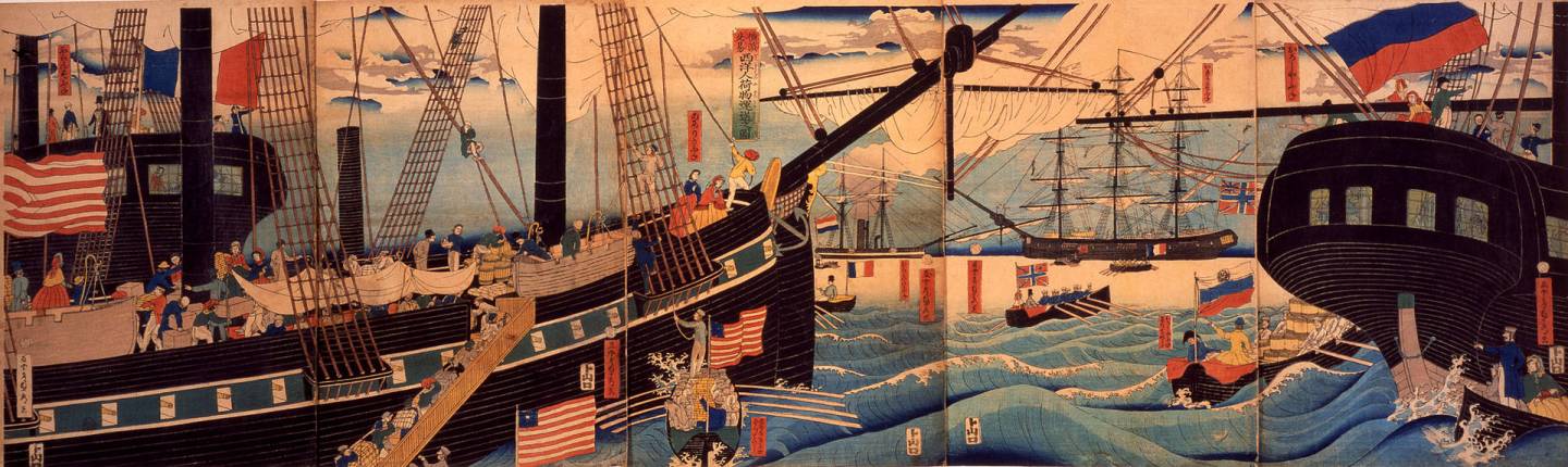 Gemälde von Sadahide: Ausländische Schiffe am Hafen von Yokohama