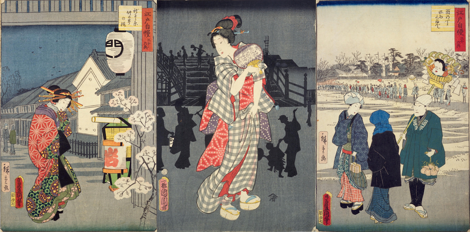 Verschiedene Ukiyo-e-Kunstwerke mit Menschen in traditioneller Kleidung mit Asa no ha-Muster