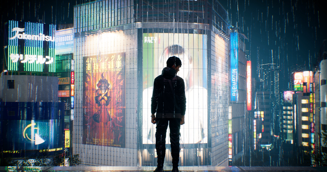 Protagonist Akito vor den Leuchtreklamen Tokyos im Spiel Ghostwire