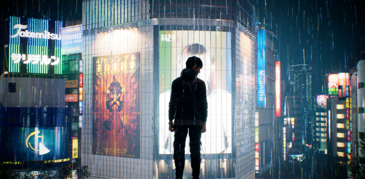 Protagonist Akito vor den Leuchtreklamen Tokyos im Spiel Ghostwire