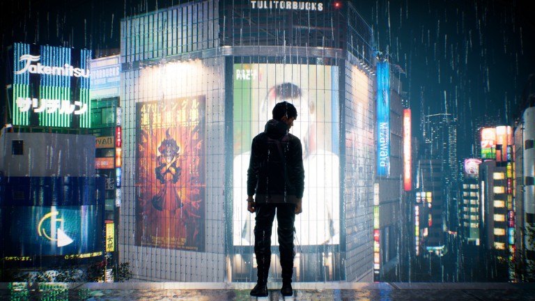 Protagonist Akito vor den Leuchtreklamen Tokyos im Spiel Ghostwire