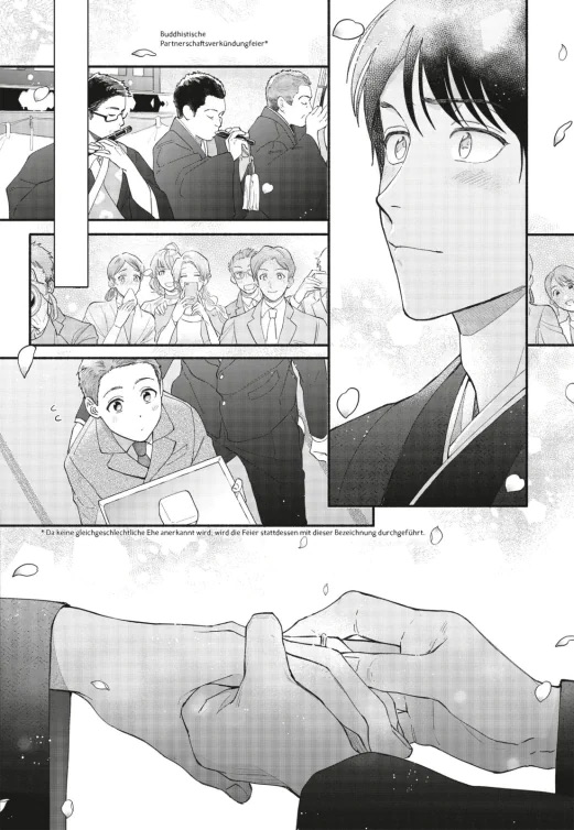 Seite aus dem Manga "Bis wir uns fanden" (Nanasuke und sein Partner stecken sich Ringe an)