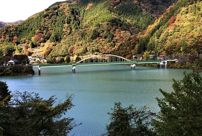 奥多摩湖に架かる美山大橋と紅葉をバックに