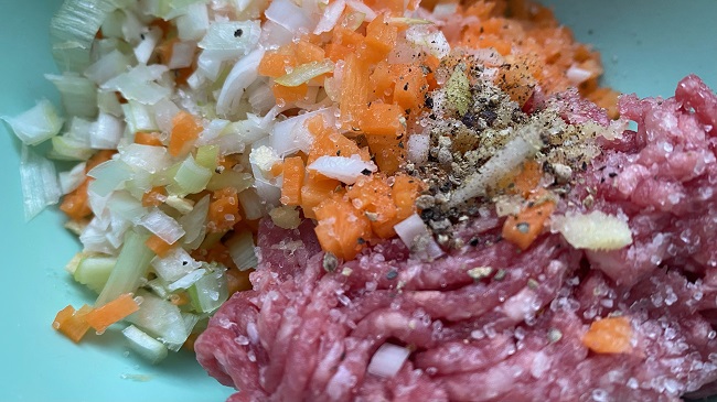 Karotte, Frühlingszwiebel, Ingwer, Knoblauch und Hackfleisch mit Salz und Pfeffer gewürzt