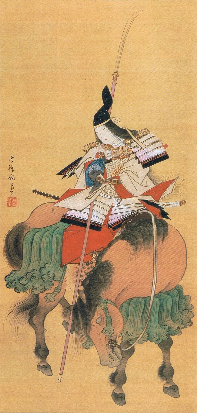 Die Kriegerin Tomoe Gozen nach einem Gemälde von Shitomi Kangetsu aus der Edo-Zeit.