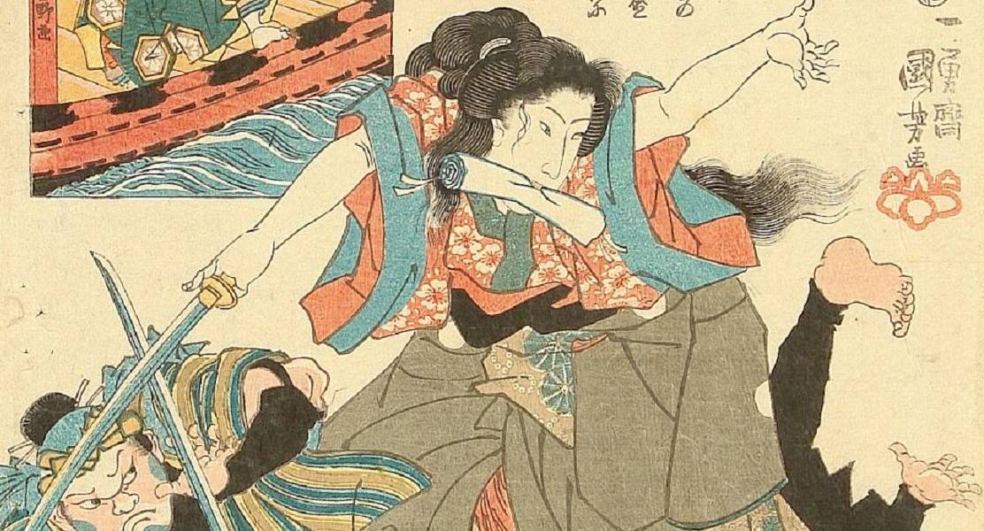 Das tapfere Dienstmädchen Koman nach einem Holzschnitt von Utagawa Kuniyoshi (1843-45).