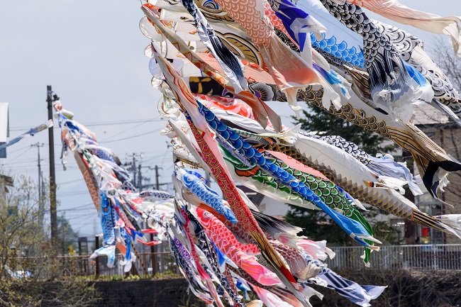 Wehende Koi-Flaggen in Taiki (Hokkaido)