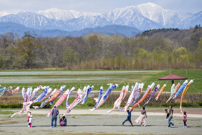 Kinder und Eltern spielen mit den im Wind wehenden Koi-Flaggen über dem Rekifune-Fluss