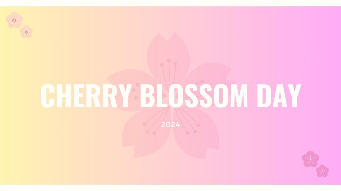 "Cherry Blossom Day 2024"-Schriftzug auf rosagelbem Hintergrund mit Kirschblütengrafiken