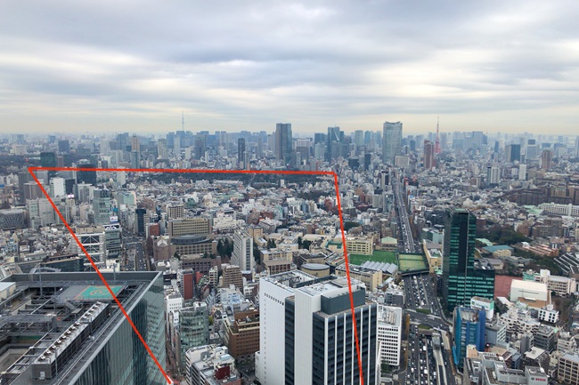 Stadtansicht von Tokyo mit roter Markierung des Stadtviertels Aoyama