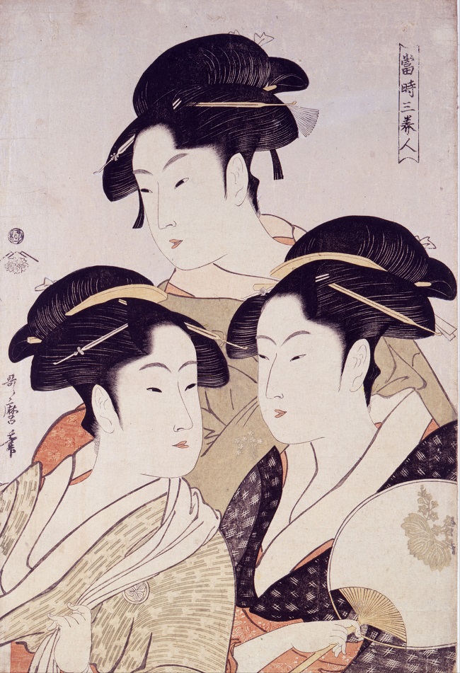 „Drei Schönheiten der Gegenwart“, Holzschnitt von Kitagawa Utamaro,1792–93.