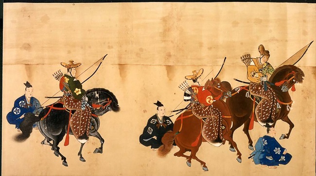 Diese emaki-Bildrolle aus der Edo-Zeit zeigt Bogenschützen im Yabusame-Montur.